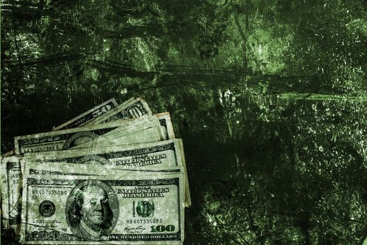 Dollars on the old green paper. A background and texture