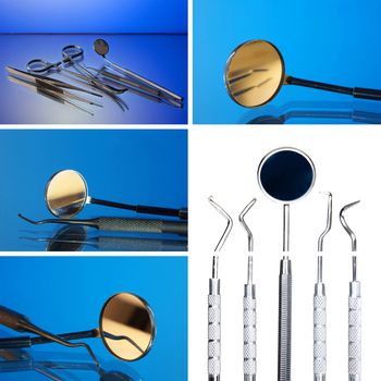 Tools for stomatology on a blue background. Collage