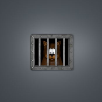 sad cartoon cat behind riveted metal prison window - 3d illustration