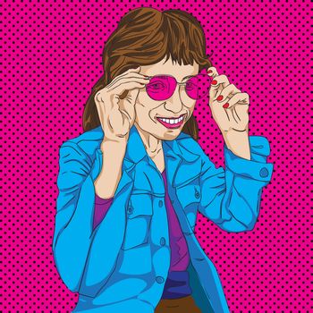 Hand drawn funny girl with pink glasses over a Pop Art background