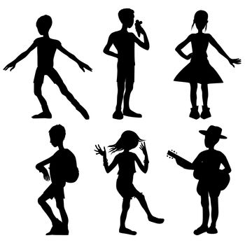 Collection of silhouettes of 6 school kids with different clothes and developing different activities, illustrations isolated on white
