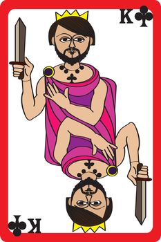 Scale hand drawn illustration of a playing card representing the king of clubs, an element of a deck
