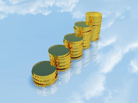 Golden coins on a background of the blue sky