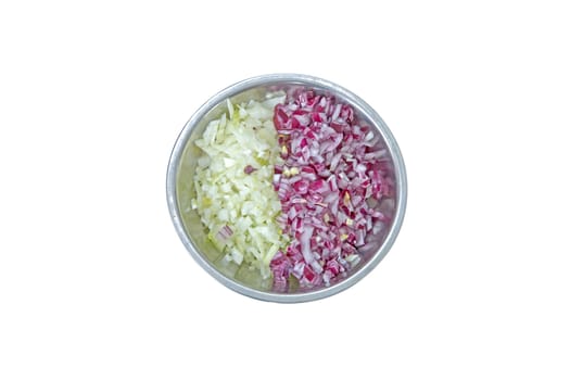 Common and red onion chopped in a bowl isolated on white background