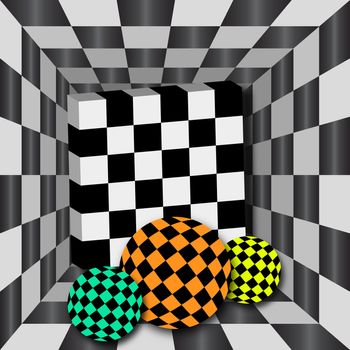 Checkerboard tunnel with 3D cube and three spheres of different color. Background for chessboard.