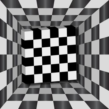 Checkerboard tunnel with 3D cube. Background for chessboard.