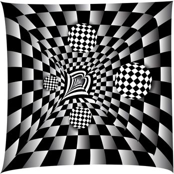 Checkerboard abstract with rolling spheres of different size.