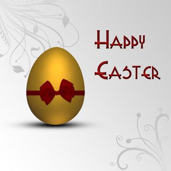 An elegant and modern Easter illustration: A golden Easter egg with a red bow on a white-grey background with floral swirls.