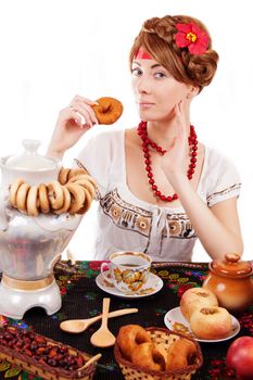 Russian woman eating traditional food over white