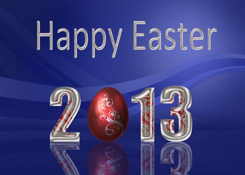 A glamourous Easter illustration: Silver "Happy Easter 2013" lettering with a red metalic style easter egg with silver swirls
on an elegant blue background.