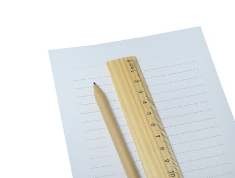 pen, wooden ruler and paper  isolated on white