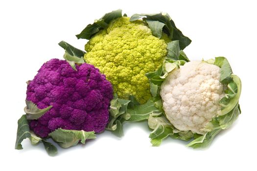 tris of Fresh cauliflower on white background