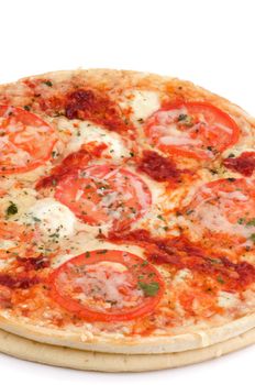 Cheese and Tomatoes Pizza with Spices and Greens closeup on white background