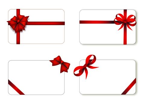 Set of card note with red gift bows with ribbons on white background 