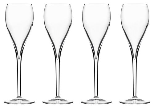 tall transparent Champagne glasses isolated on white background