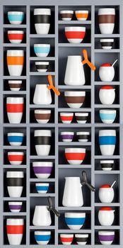 colorful ceramic cups on a shelf isolated on white background