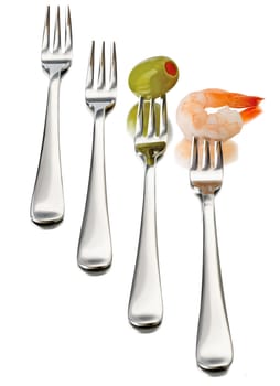 diet concept. four forks with olive on white background