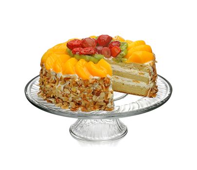 decorated fruit cake , strawberry and orange isolated on white background