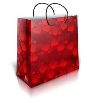 3D bag with red hearts isolated on white background