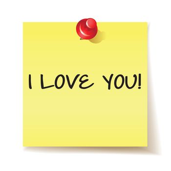 Yellow stick note with the message i love you on white background