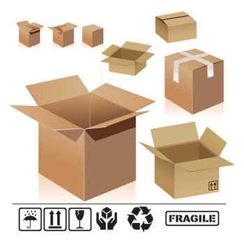 different shape of cardboard boxes on white background. Open and closed empty cardboard boxes