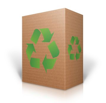 Recycle sign on a 3D Cardboard box isolated on white background