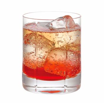 red cocktail drink with ice on a glass isolated on white background