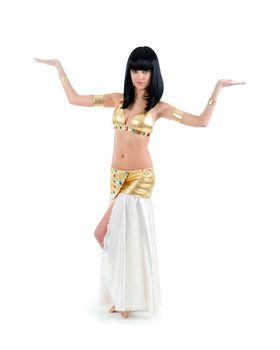Bellydance woman in yellow egypt style. Isolated on white backgroun