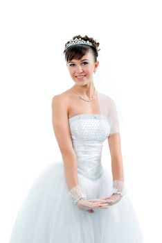 Beauty young bride dressed in elegance white wedding dress   studio  Isolated on white backgroun