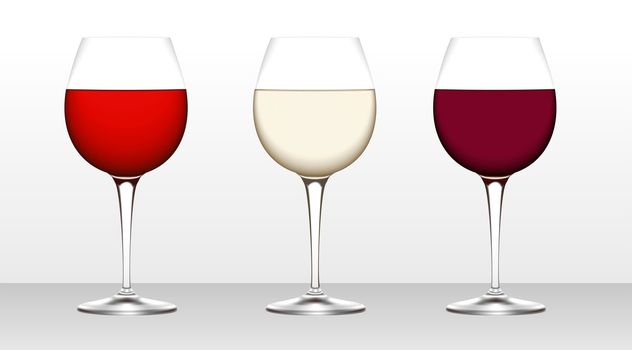 three Wine Glass isolated on white background. Red and white wine
