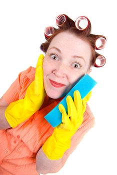 crazy housewife  maid cleaner with sponge .Isolated on white background 