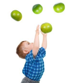 boy caughts flying  grapefruit  isolated on white background