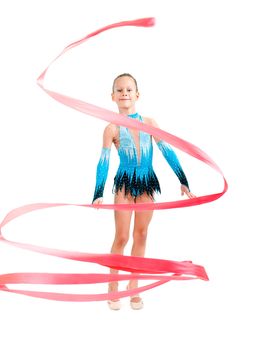  young girl doing gymnastics over white background
