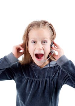 shocked little girl with headset. White background. 