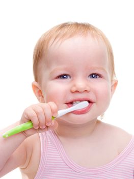 Girl with toothbrush  isolated on a white background. 