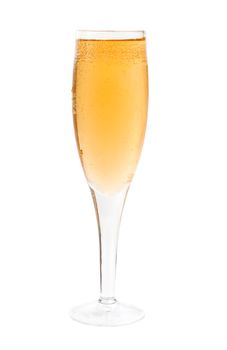  Closeup of  bubbles in a glass of champagne on white background