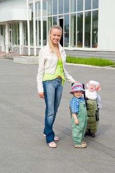 girl and child in valise.family goes to journe