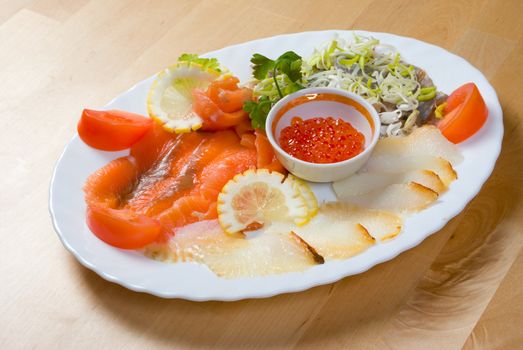 Seafood arrangement.salmon,halibut,roe