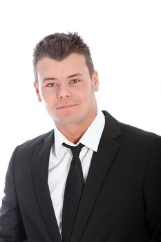 Caucasian smiling young man, wearing black suit and white shirt, portrait