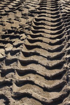 Big heavy tractor wheel tracks in the sand