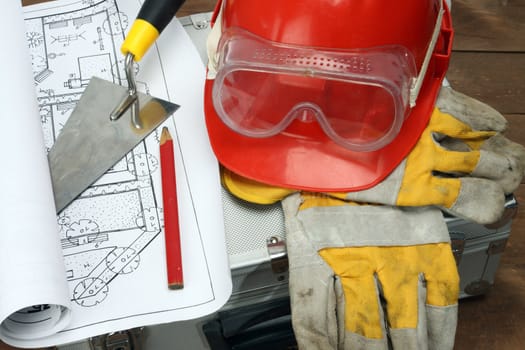 Safety gear kit close up over white 
