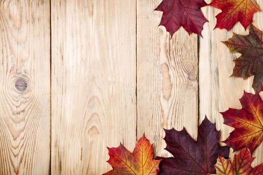 Autumn maple leaves on wooden background with copy space. Top view