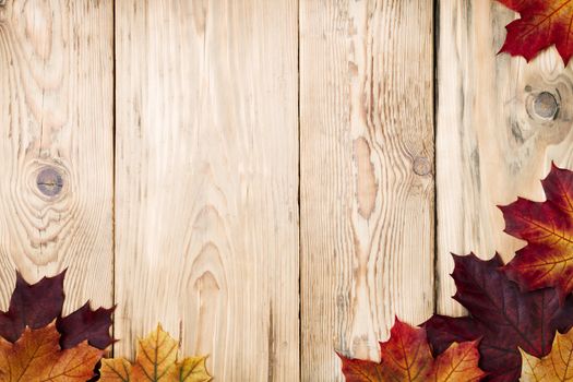 Autumn maple leaves on wooden background with copy space. Top view