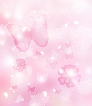 Blossoms and butterflies pastel pink illustration