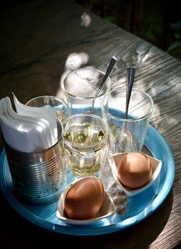 Soft-boiled egg in retro style with morning light 
