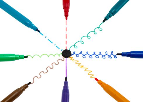 Black dot in center and curve painted lines draw with colorful felt tip pens.