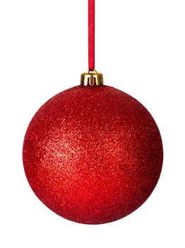 Red christmas bauble with ribbon isolated on white background