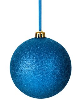 Blue christmas bauble with ribbon isolated on white background