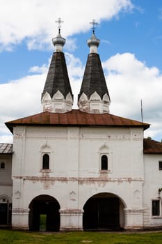 White orthodox church in Ferapontov monastery in summer day
