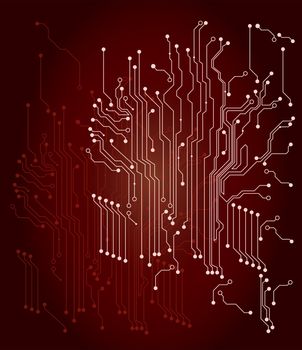 Printed circuit board at red background. Technology background.